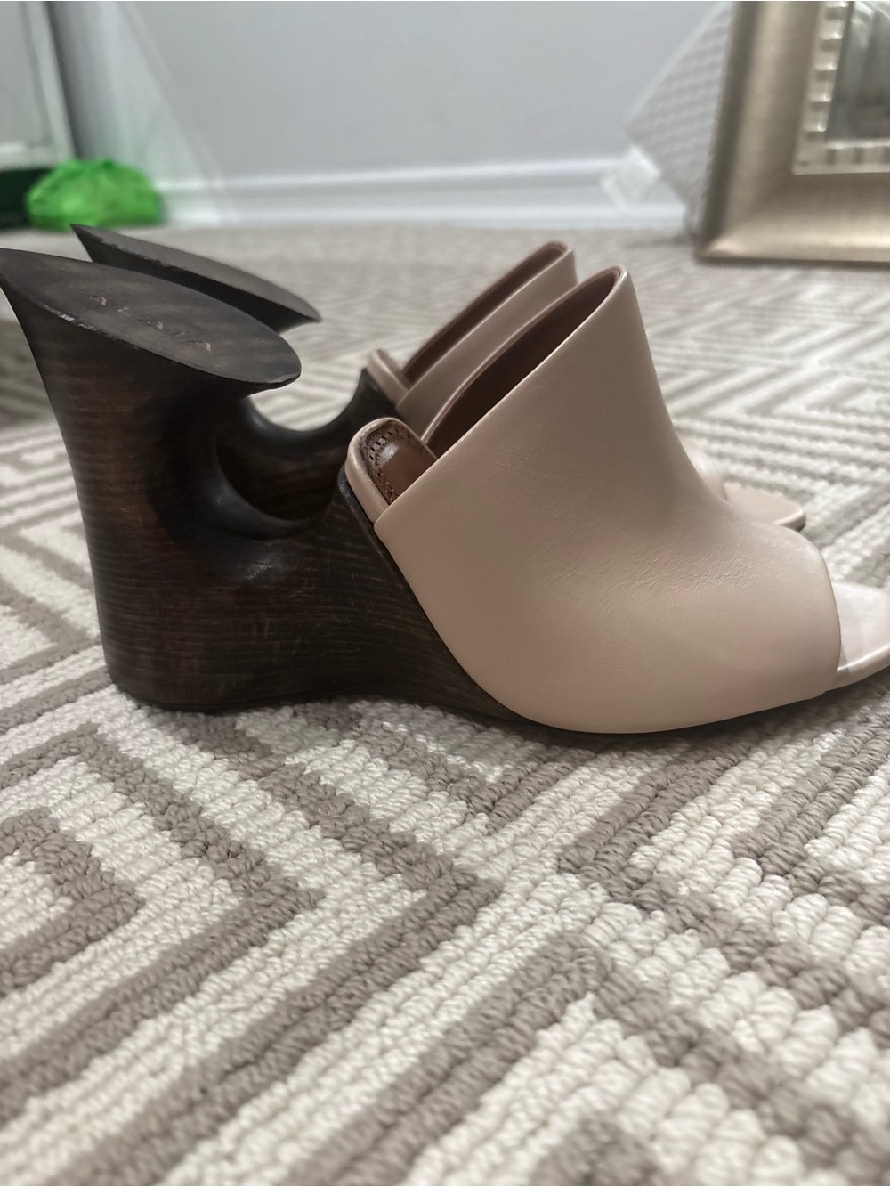 Alaia Nude Leather Open-Toe Sculptural Wooden Wedge Mules
